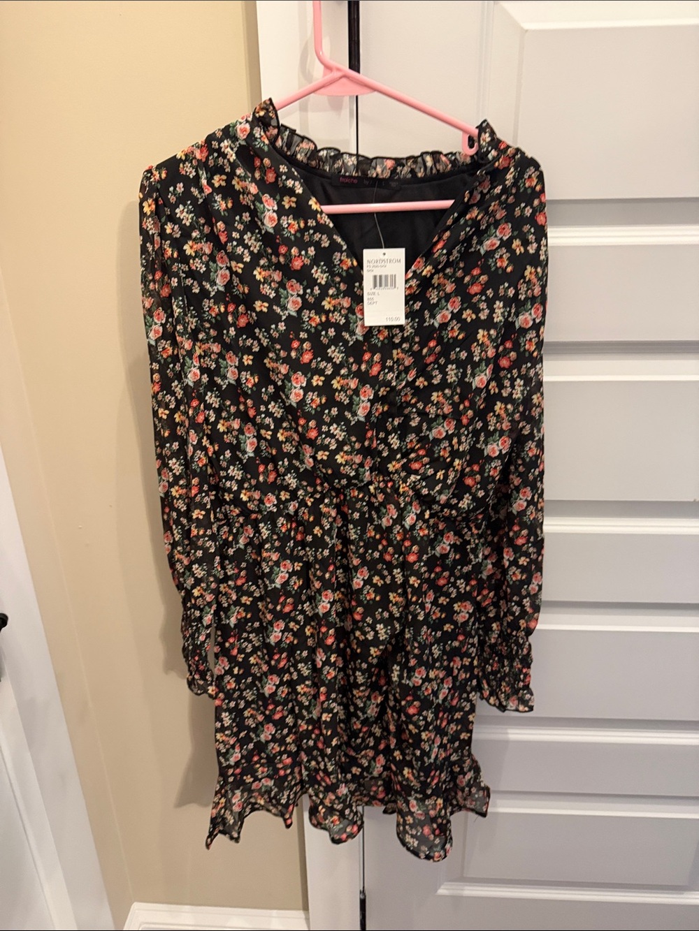 Women’s Floral Long Sleeve Dress - Black with Pink & Green Accents